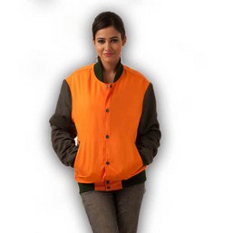 orange varsity jacket, coat style latterman jacket, leather sleeve jacket